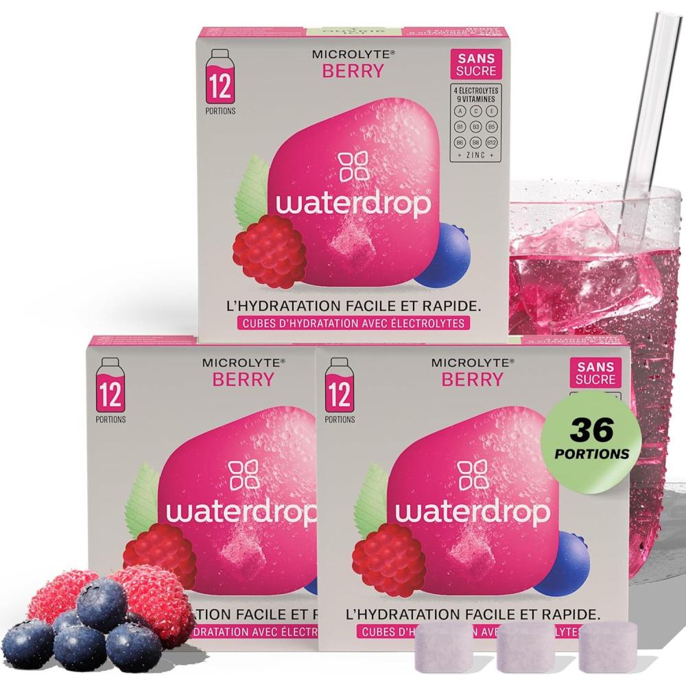 imagewaterdrop Microlyte Coffret Hydratation aux Electrolytes 36 Cubes de Boisson Aromatise avec Magnesium ampamp Calcium Vgan Sans Sucre Vitamines Boisson Faible en Calories pour le SportCoffret Microlyte BERRY