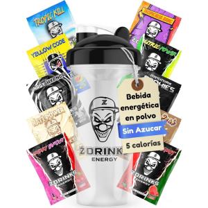 Boisson énergétique en poudre | Pack dégustation sans sucre | Avec caféine, minéraux et vitamines | Idéal pour les joueurs et amateurs de sport | 10 échantillons + 1 shaker transparent(transparent)