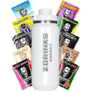 Boisson énergétique en poudre | Pack dégustation sans sucre | Avec caféine, minéraux et vitamines | Idéal pour les joueurs et amateurs de sport | 10 échantillons + 1 shaker transparent(Bouteille isotherme)