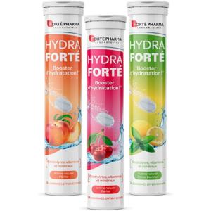 Forté Pharma – Hydra Forté – Sport, chaleur, voyages – Hydratation – Electrolytes, Vitamine C, Magnésium – Pêche, Citron Menthe, Mangue Passion – 24×3 comprimés effervescents – 1 à 2/jour(Hydra Forté 24×3 effervescents dont Cerise)