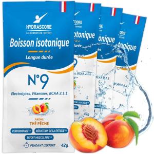 Hydrascore N°9 – Thé Pêche 4 Dosettes – Boisson Isotonique Energétique pour Sportifs – Running, Vélo, Triathlon – Poudre Énergisante & Hydratante – Électrolytes Hydratation & BCAA – H1040