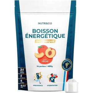 NUTRI & CO Boisson Énergétique Isotonique en Poudre – Ratio 2:1 Glucose/Fructose avec BCAA, Électrolytes, Postbiotiques & Gingembre – Running, Vélo, Hyrox – 490g goût pêche – Fabriqué en France