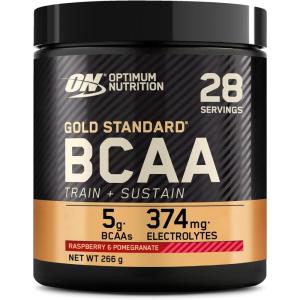 Optimum Nutrition Gold Standard BCAA Train + Sustain, poudre d&rsquo;acides aminés pré-entraînement, boisson sportive, vitamine C, zinc, magnésium et électrolytes, saveur fraise & kiwi, 28 doses, 266 g(Framboise Grenade)