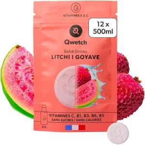 Qwetch SOLID DRINKS – 12 Pastilles d&rsquo;hydratation avec Vitamines C & B – Boisson Sans Sucres – Saveurs Litchi & Goyave – Vegan, Zéro Calories, Fabriqué en France