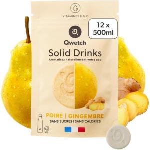 Qwetch SOLID DRINKS – 12 Pastilles d&rsquo;hydratation avec Vitamines C & B – Boisson Sans Sucres – Saveurs Poire & Gingembre – Vegan, Zéro Calories, Fabriqué en France