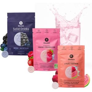 Qwetch SOLID DRINKS – 36 Pastilles d&rsquo;hydratation avec Vitamines C & B – Boisson Sans Sucres – Saveurs Fraise&Framboise, Mûre&Myrtille, Litchi&Goyave – Vegan, Zéro Calories, Fabriqué en France(Coffret Fruits Rouge)
