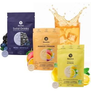 Qwetch SOLID DRINKS – 36 Pastilles d&rsquo;hydratation avec Vitamines C & B – Boisson Sans Sucres – Saveurs Fraise&Framboise, Mûre&Myrtille, Litchi&Goyave – Vegan, Zéro Calories, Fabriqué en France(Coffret Classique)