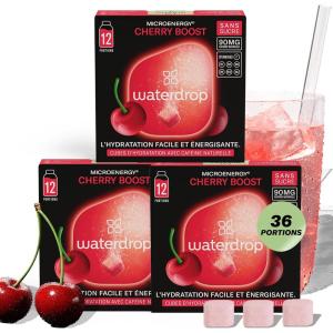 waterdrop® Coffret Microenergy, Boisson Énergisante Sans Sucre, Boisson Gazeuse avec Arôme de Cerise, 36 Cubes Effervescents avec 90 mg de Caféine Naturelle, Vitamines B et C(Coffret CHERRY Boost)