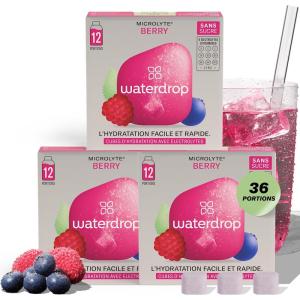 waterdrop® Microlyte – Coffret Hydratation aux Electrolytes, 36 Cubes de Boisson Aromatisée avec Magnesium & Calcium, Végan, Sans Sucre, Vitamines, Boisson Faible en Calories pour le Sport(Coffret Microlyte BERRY)