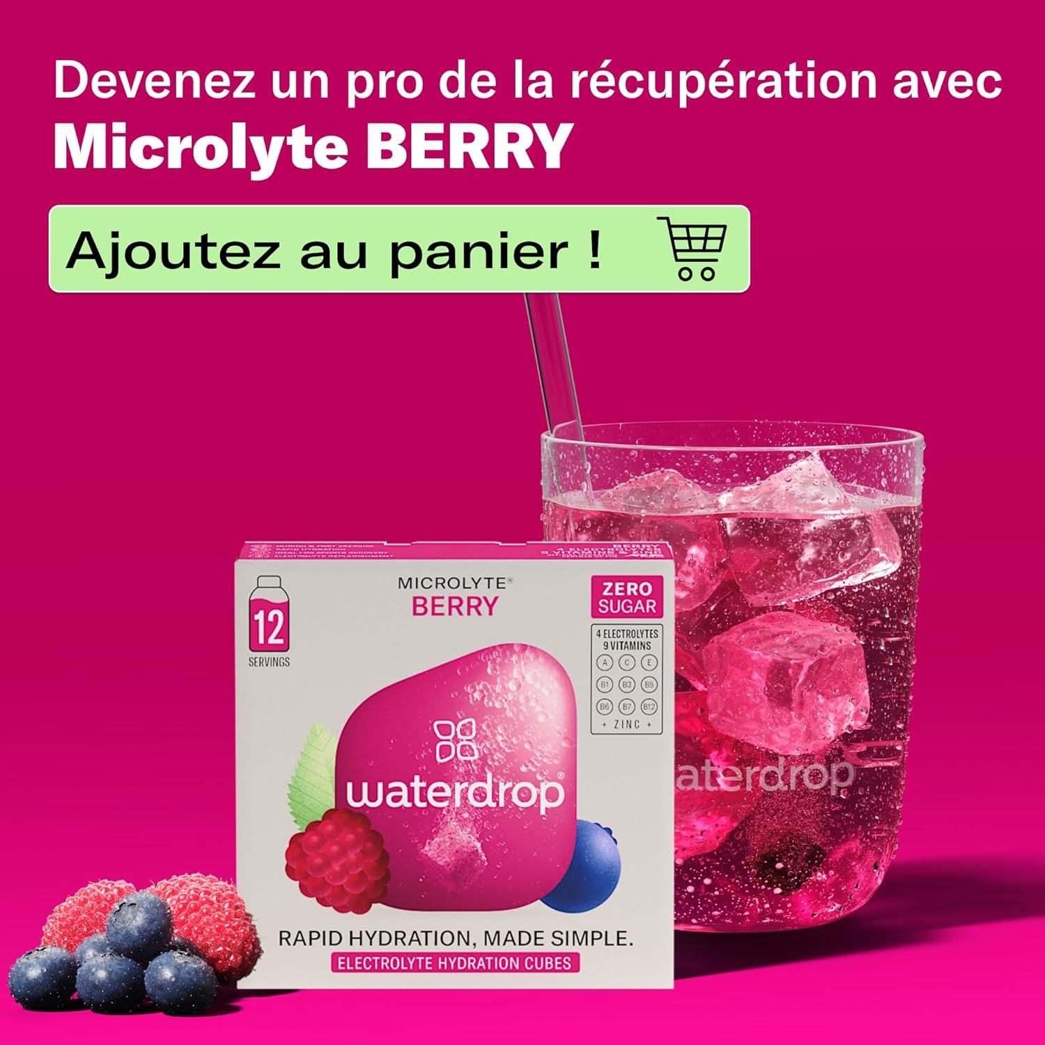 imagewaterdrop Microlyte Coffret Hydratation aux Electrolytes 36 Cubes de Boisson Aromatise avec Magnesium ampamp Calcium Vgan Sans Sucre Vitamines Boisson Faible en Calories pour le SportCoffret Microlyte BERRY