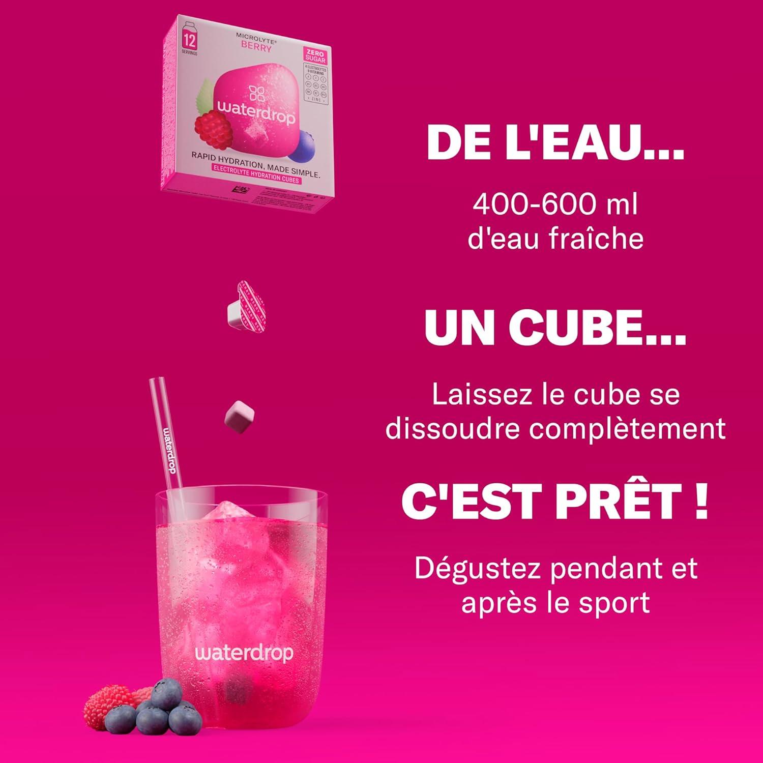 imagewaterdrop Microlyte Coffret Hydratation aux Electrolytes 36 Cubes de Boisson Aromatise avec Magnesium ampamp Calcium Vgan Sans Sucre Vitamines Boisson Faible en Calories pour le SportCoffret Microlyte BERRY