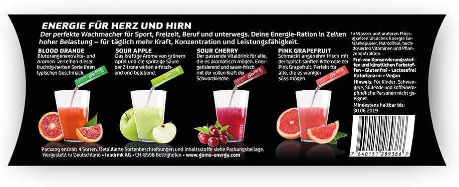 imageGoMo ENERGY Boisson de vitalit 100 naturelle sans sucre Stimulation physique et mentale Plus dnergie et de concentration Vgane hypocalorique dulcore avec stevia SOUR APPLE 30 portionsFruit