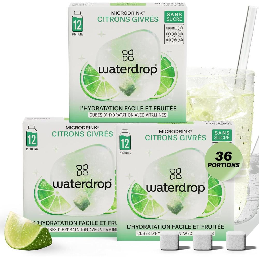 imagewaterdrop Coffret Citrons Givrs 36 Cubes de Boisson pour Eau Aromatise Citron Vert Sans Sucre Pastilles Aromatises pour lEau Alternative aux Boissons Gazeuses Enrichies en Vitamines C et B3x FROSTED LIME