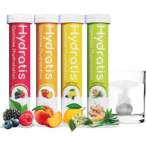 HYDRATIS – Pastilles Hydratation Electrolytes – Mix Fruits des Bois + Pêche + Citron/Sureau – Améliore l&rsquo;Hydratation et Favorise l&rsquo;Énergie – Sport, Récupération – 3 tubes (60 Pastilles)(Pack 4 Tubes)