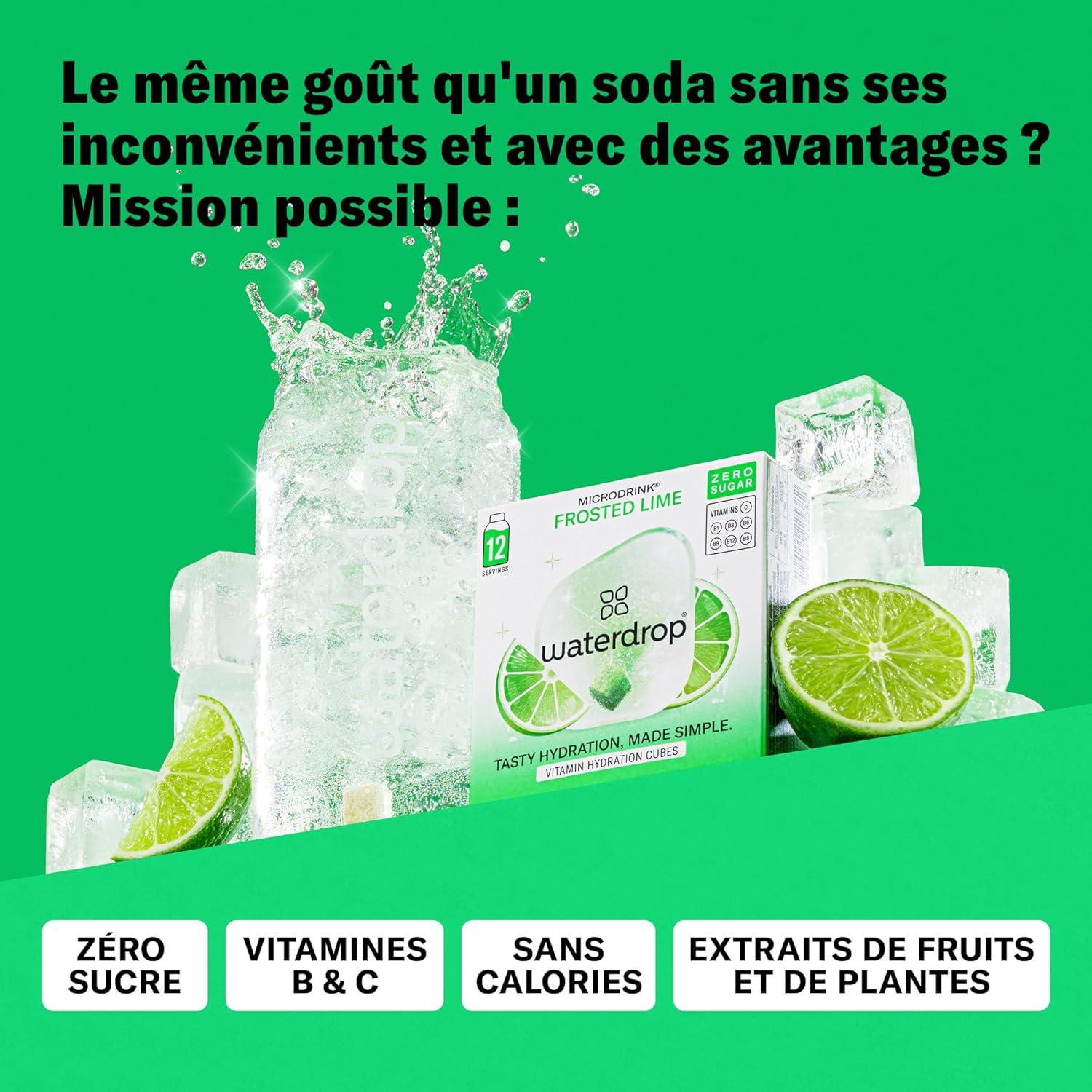 imagewaterdrop Coffret Citrons Givrs 36 Cubes de Boisson pour Eau Aromatise Citron Vert Sans Sucre Pastilles Aromatises pour lEau Alternative aux Boissons Gazeuses Enrichies en Vitamines C et B3x FROSTED LIME