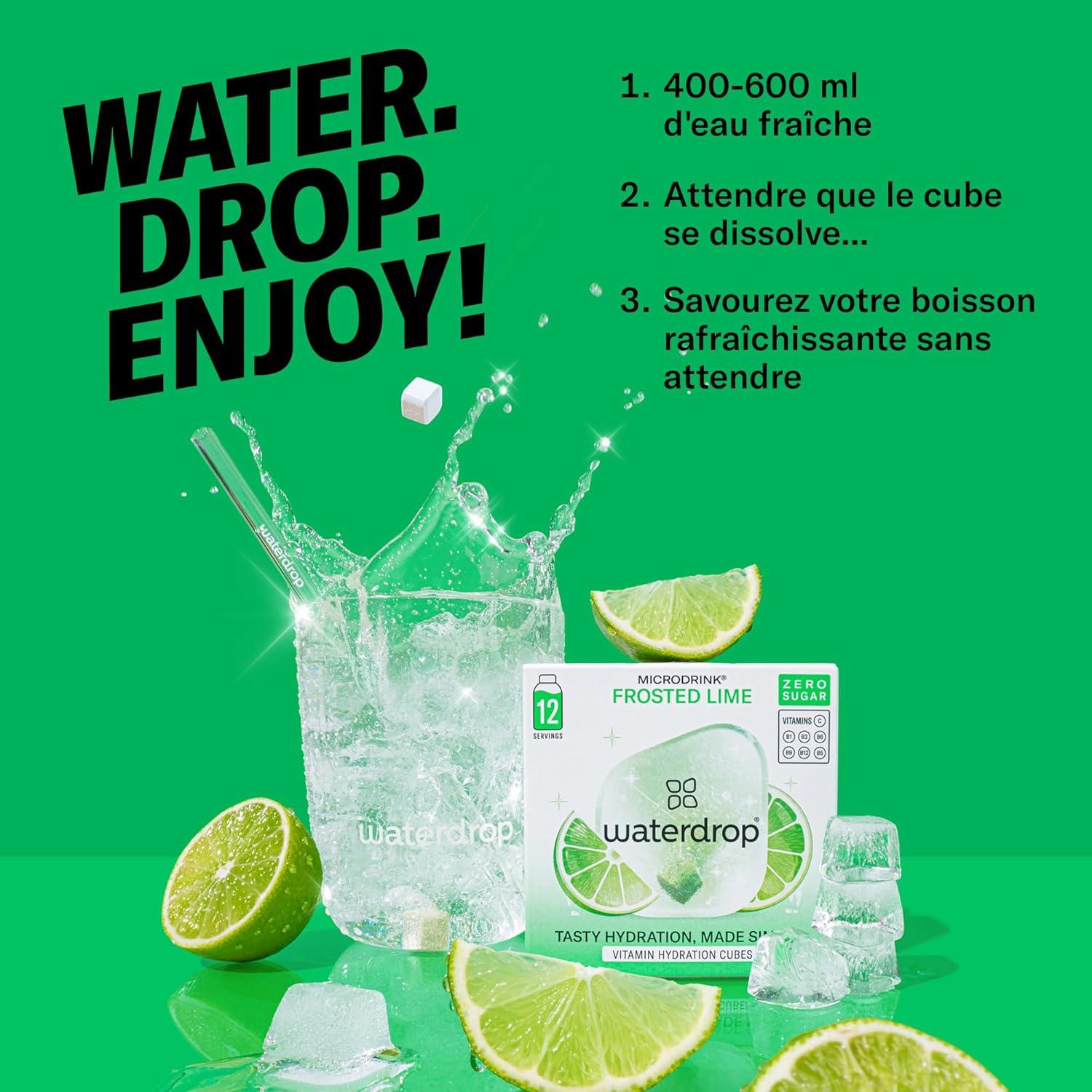 imagewaterdrop Coffret Citrons Givrs 36 Cubes de Boisson pour Eau Aromatise Citron Vert Sans Sucre Pastilles Aromatises pour lEau Alternative aux Boissons Gazeuses Enrichies en Vitamines C et B3x FROSTED LIME