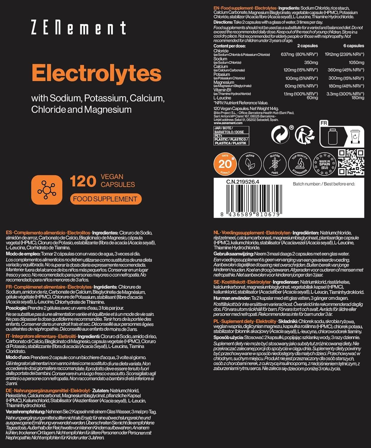 imageElectrolyte Complex Electrolytes Sans Sucre Avec Sodium Calcium Magnesium Potassium nergie Fonction Musculaire Sport Fatigue Keto 120 glules vegan Zenement