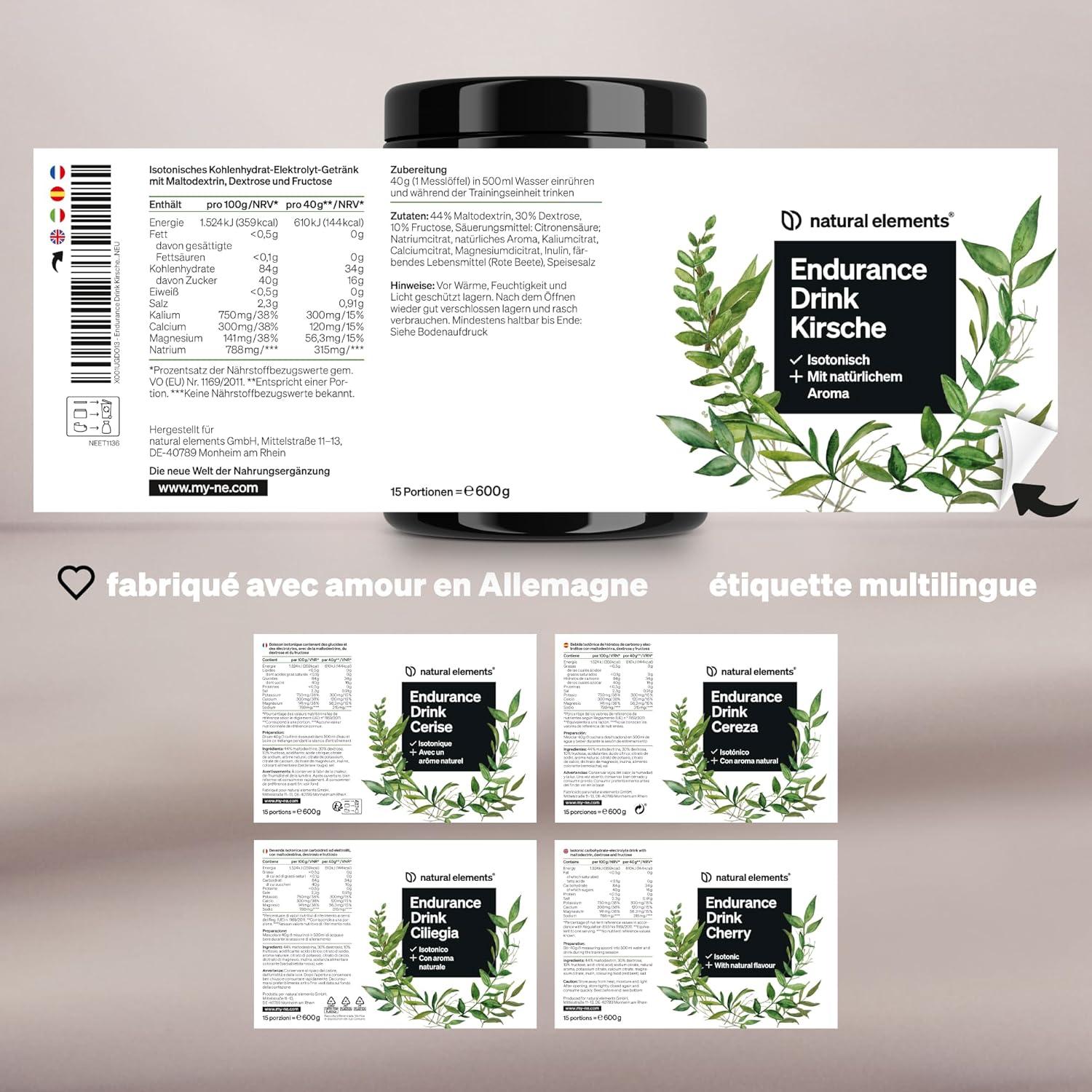 imageEndurance Drink Cerise 600g de poudre isotonique avec lectrolytes et glucides got cerise vgane biodisponibilit optimale produit et contrl en laboratoire en Allemagne