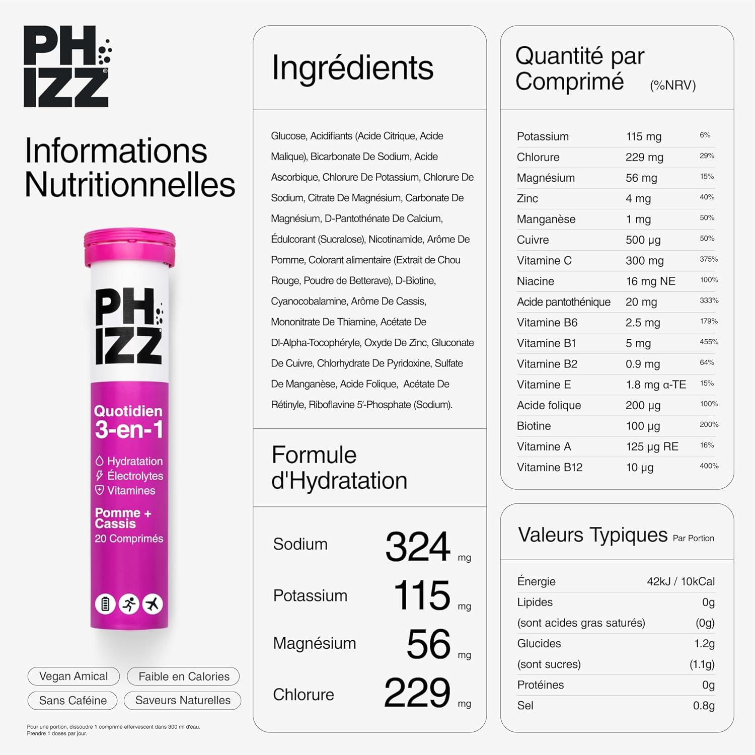 imagePhizz Electrolytes Multivitamines ampamp Comprims dhydratation 60 comprims de rhydratation effervescents 18 vitamines et minraux vitamine C vgane vgtarien et hypocalorique Pomme ampamp CassisPomme Cassis