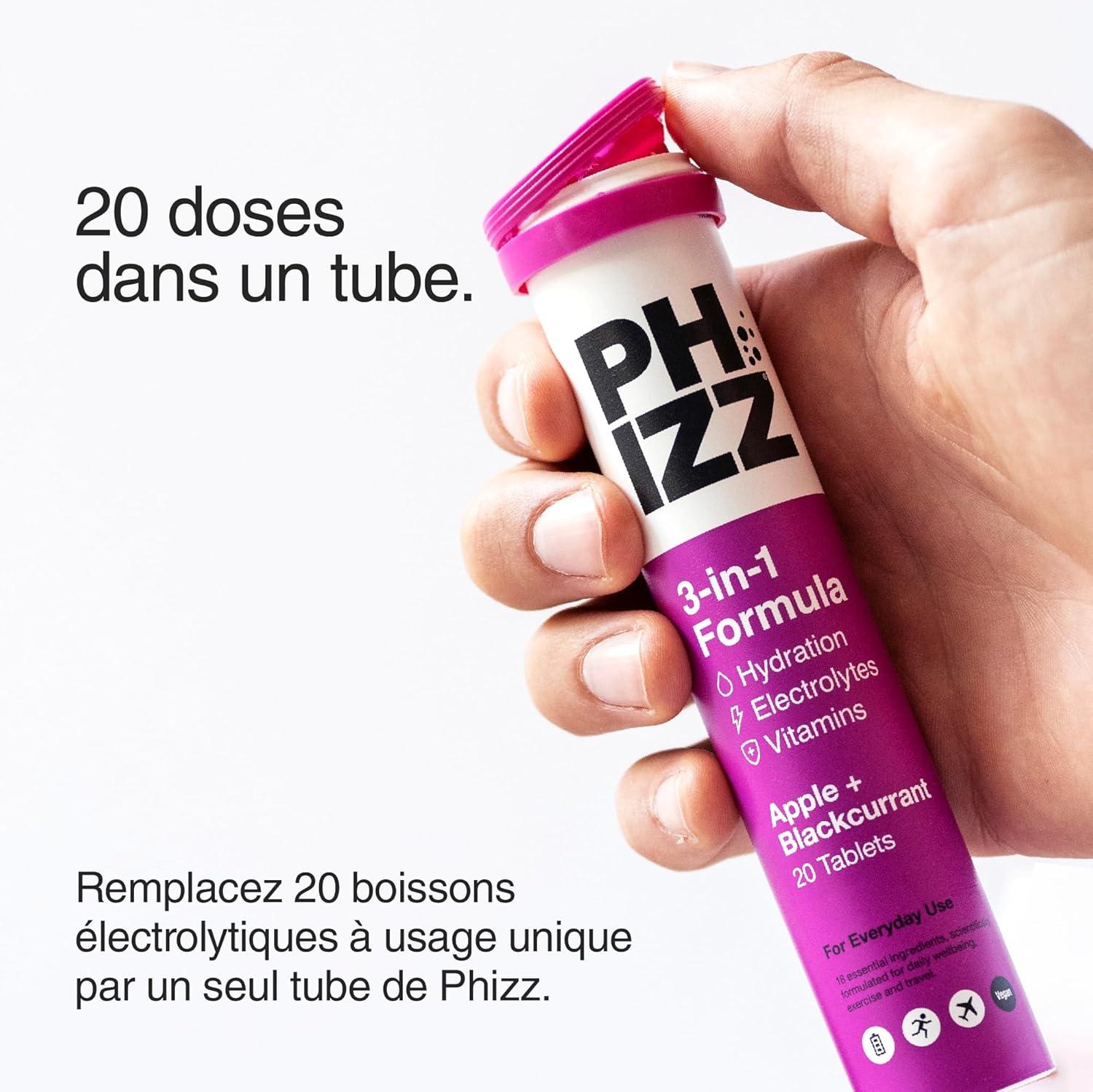 imagePhizz Electrolytes Multivitamines ampamp Comprims dhydratation 60 comprims de rhydratation effervescents 18 vitamines et minraux vitamine C vgane vgtarien et hypocalorique Pomme ampamp CassisPomme Cassis