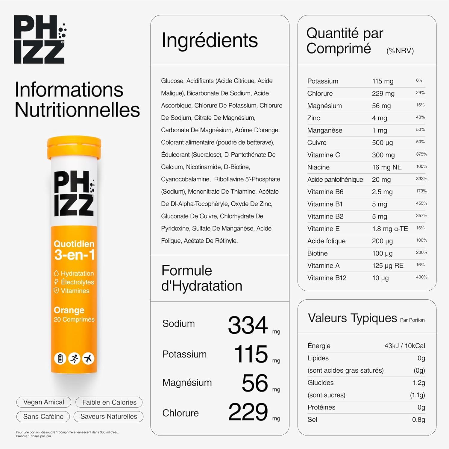 imagePhizz Electrolytes Multivitamines ampamp Comprims dhydratation 60 comprims de rhydratation effervescents 18 vitamines et minraux vitamine C vgane vgtarien et hypocalorique Pomme ampamp CassisOrange