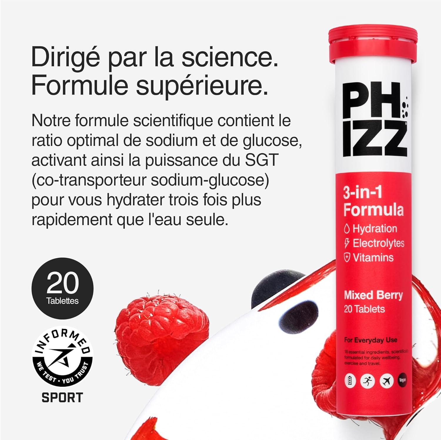 imagePhizz Electrolytes Multivitamines ampamp Comprims dhydratation 60 comprims de rhydratation effervescents 18 vitamines et minraux vitamine C vgane vgtarien et hypocalorique Pomme ampamp CassisBaies Mlanges