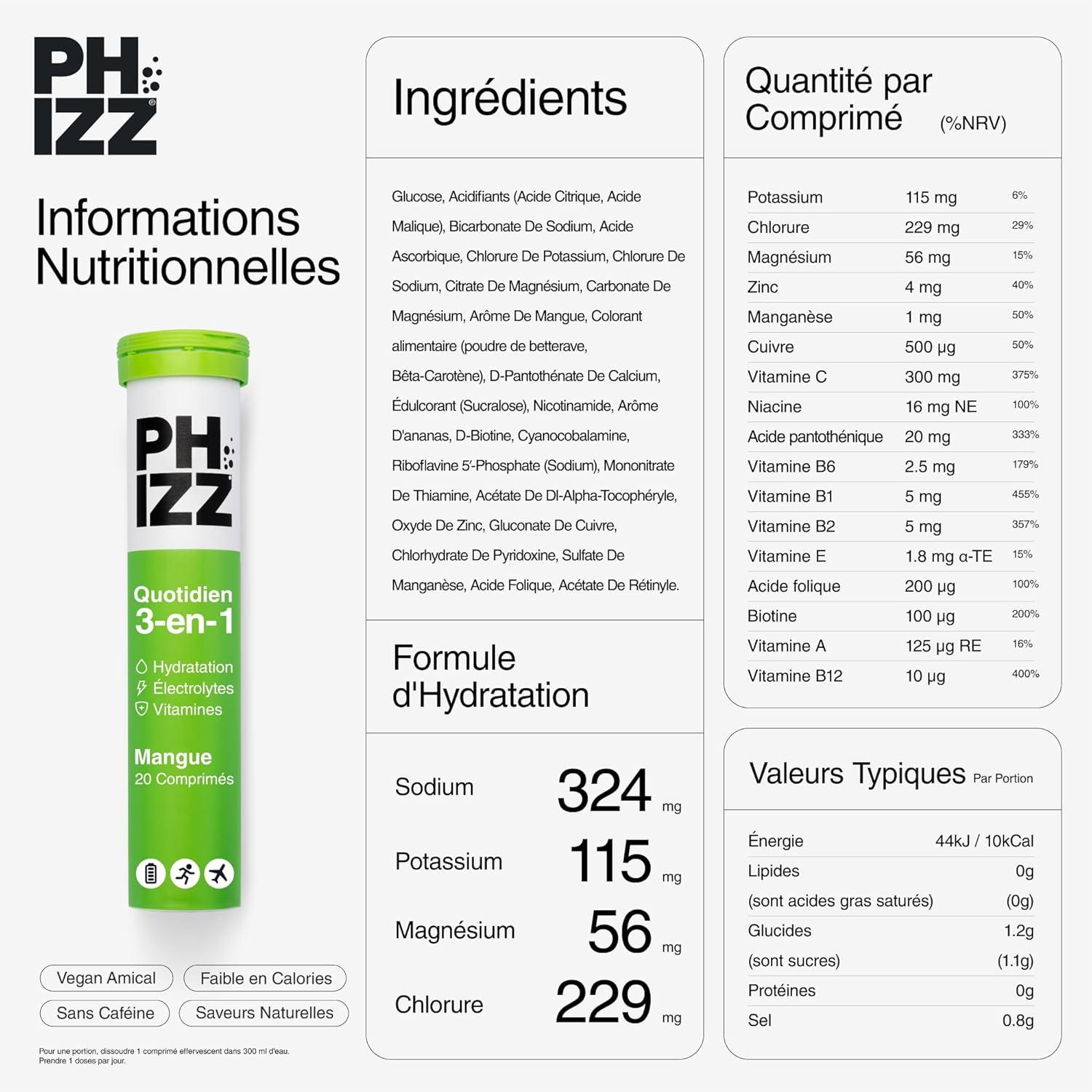 imagePhizz Electrolytes Multivitamines ampamp Comprims dhydratation 60 comprims de rhydratation effervescents 18 vitamines et minraux vitamine C vgane vgtarien et hypocalorique Pomme ampamp CassisMangue