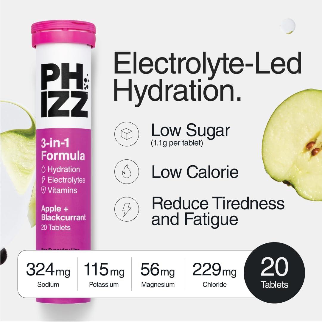 imagePhizz Electrolytes Multivitamines ampamp Comprims dhydratation 60 comprims de rhydratation effervescents 18 vitamines et minraux vitamine C vgane vgtarien et hypocalorique Pomme ampamp CassisPomme Cassis