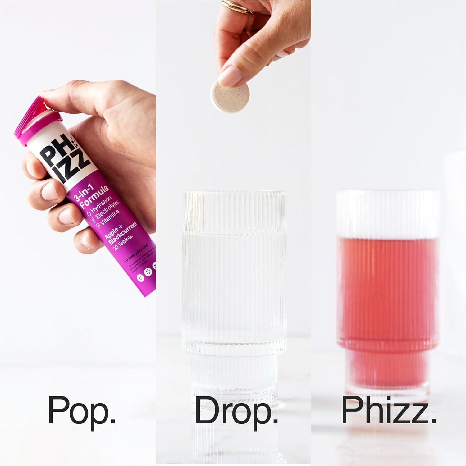 imagePhizz Electrolytes Multivitamines ampamp Comprims dhydratation 60 comprims de rhydratation effervescents 18 vitamines et minraux vitamine C vgane vgtarien et hypocalorique Pomme ampamp CassisPomme Cassis