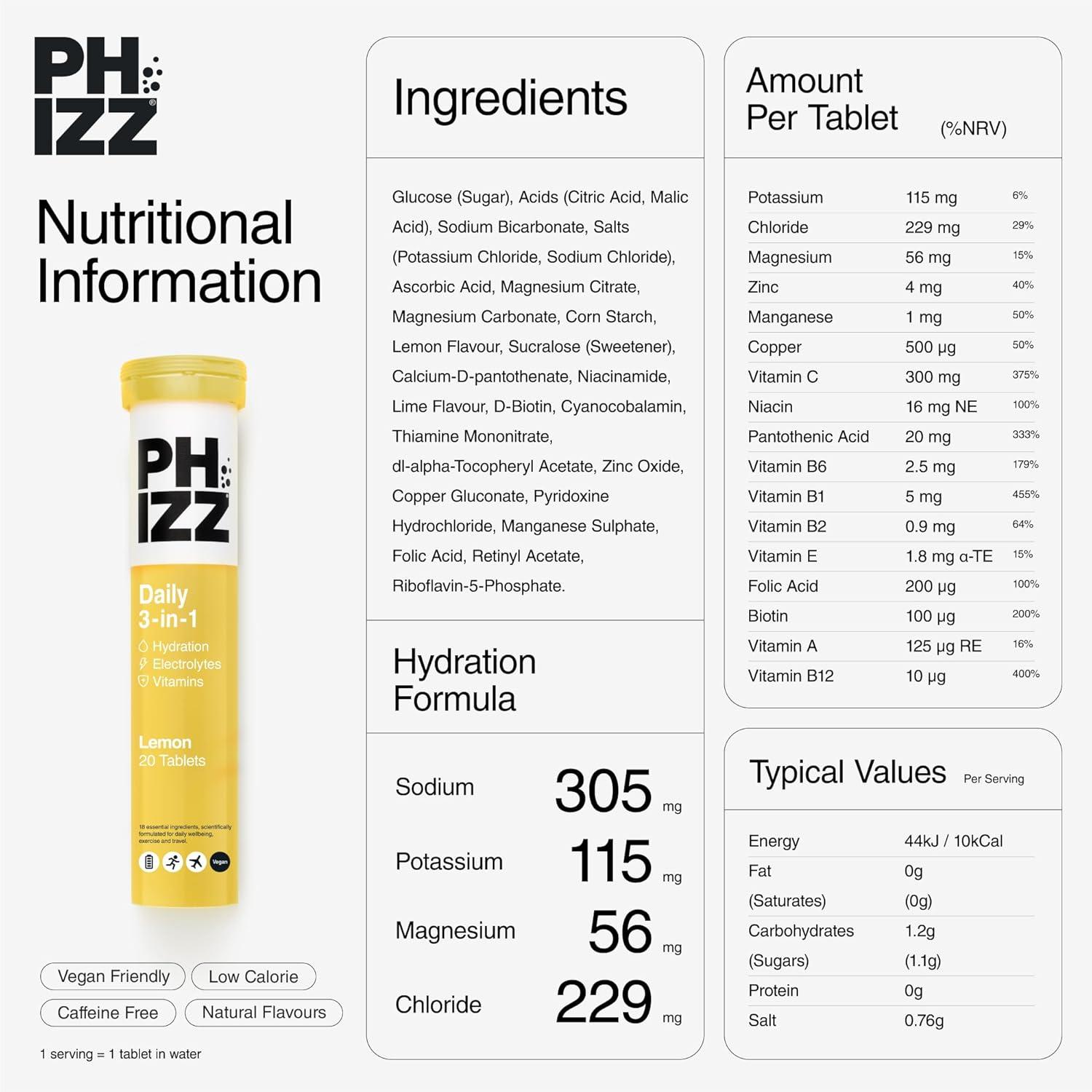 imagePhizz Electrolytes Multivitamines ampamp Comprims dhydratation 60 comprims de rhydratation effervescents 18 vitamines et minraux vitamine C vgane vgtarien et hypocalorique Pomme ampamp CassisZitrone