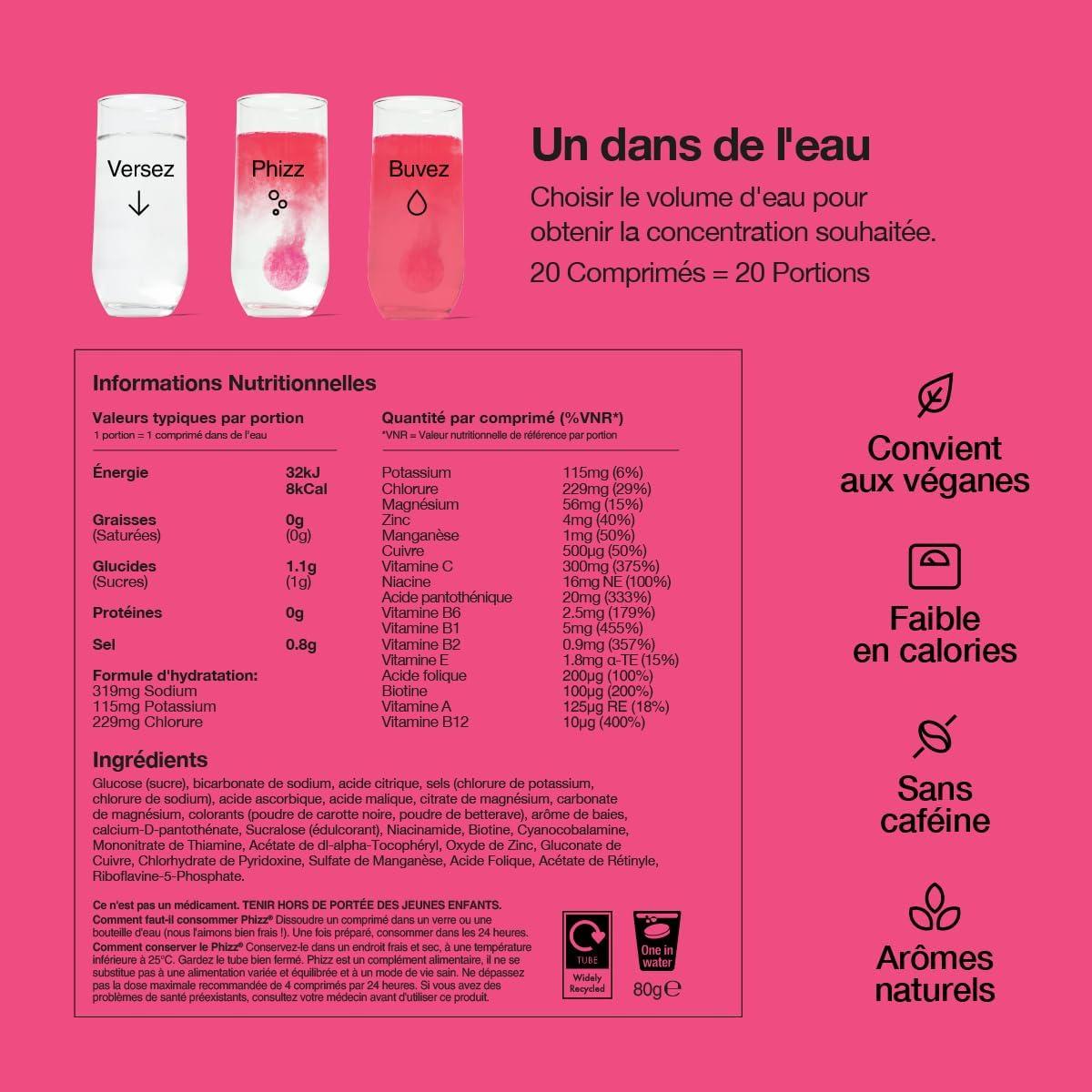 imagePhizz Electrolytes Multivitamines ampamp Comprims dhydratation 60 comprims de rhydratation effervescents 18 vitamines et minraux vitamine C vgane vgtarien et hypocalorique Pomme ampamp CassisBaies Mlanges