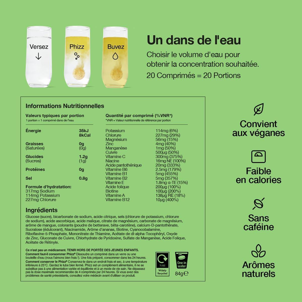 imagePhizz Electrolytes Multivitamines ampamp Comprims dhydratation 60 comprims de rhydratation effervescents 18 vitamines et minraux vitamine C vgane vgtarien et hypocalorique Pomme ampamp CassisMangue