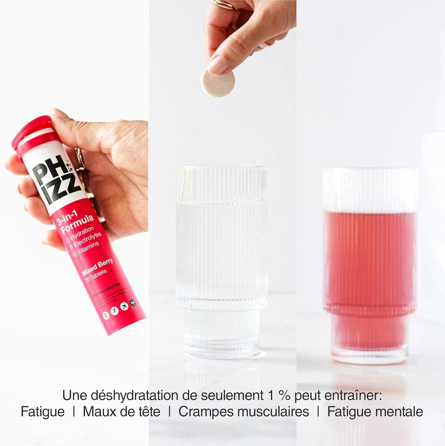 imagePhizz Electrolytes Multivitamines ampamp Comprims dhydratation 60 comprims de rhydratation effervescents 18 vitamines et minraux vitamine C vgane vgtarien et hypocalorique Pomme ampamp CassisBaies Mlanges