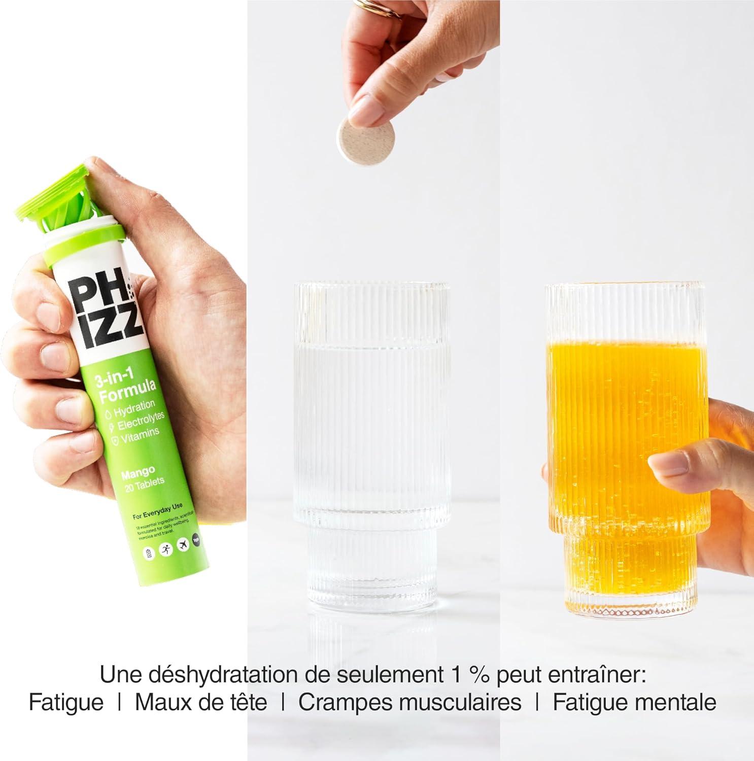 imagePhizz Electrolytes Multivitamines ampamp Comprims dhydratation 60 comprims de rhydratation effervescents 18 vitamines et minraux vitamine C vgane vgtarien et hypocalorique Pomme ampamp CassisMangue