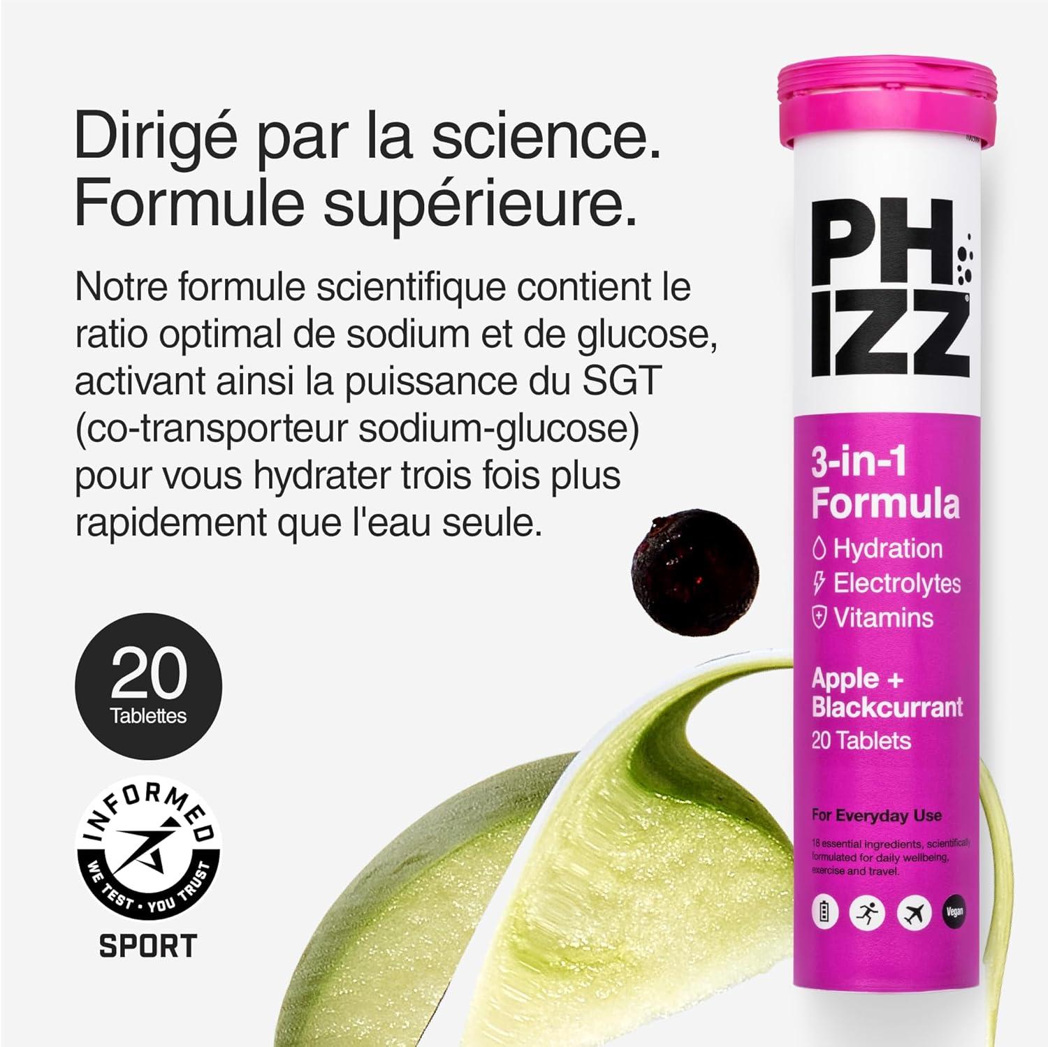 imagePhizz Electrolytes Multivitamines ampamp Comprims dhydratation 60 comprims de rhydratation effervescents 18 vitamines et minraux vitamine C vgane vgtarien et hypocalorique Pomme ampamp CassisPomme Cassis