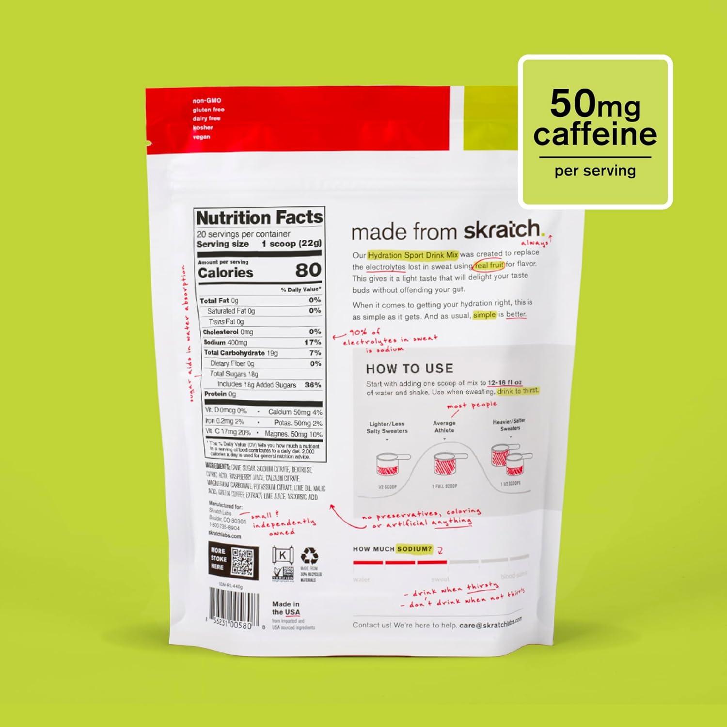 imageSKRATCH LABS Hydration 440g Poudre dlectrolytes Sport Drink Mix Raspberry Limeade Limonade la framboise cafine 20 portions Sans OGM Vegan Kasher