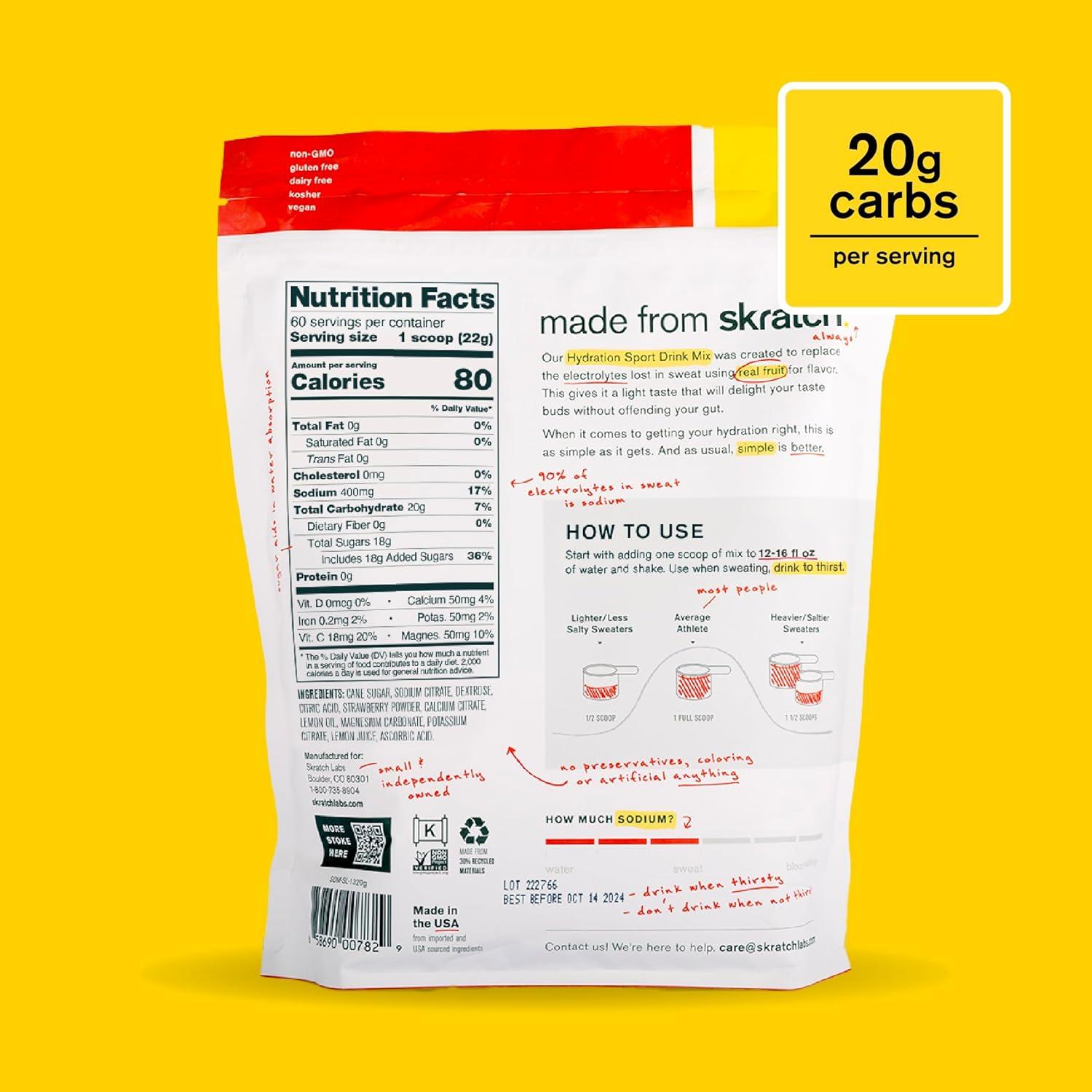 imageSKRATCH LABS Sport Hydration Drink Mix Poudre de glucides et dlectrolytes 1320g Fraise Citron Endurance Entranement Comptition Sans gluten Vegan Keto
