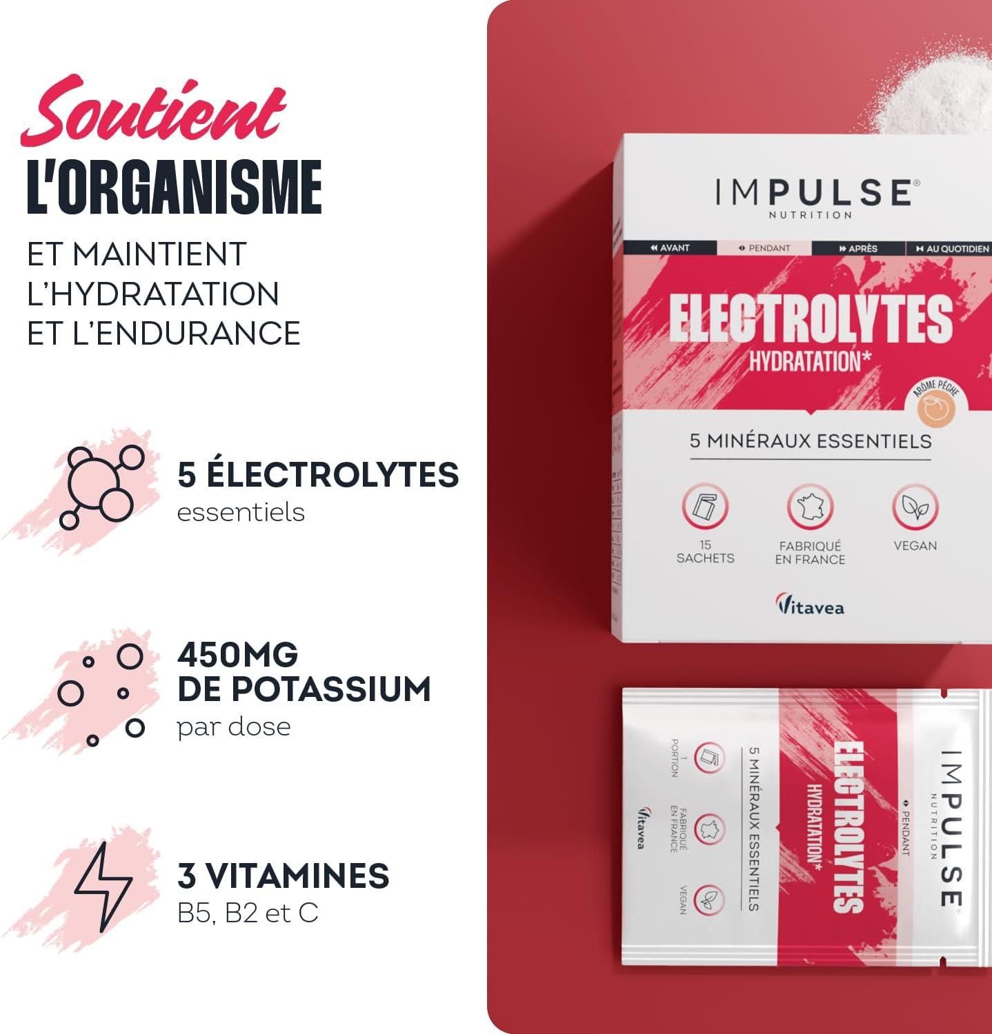 imagelectrolytes Poudre Pche Sodium Potassium Magnsium Calcium Zinc Hydratation nergie et Endurance AntiCrampes Sans dulcorants Sport 15 sachets IMPULSE NUTRITIONPche