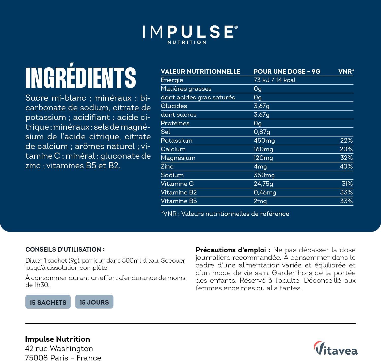 imagelectrolytes Poudre Pche Sodium Potassium Magnsium Calcium Zinc Hydratation nergie et Endurance AntiCrampes Sans dulcorants Sport 15 sachets IMPULSE NUTRITIONCitron