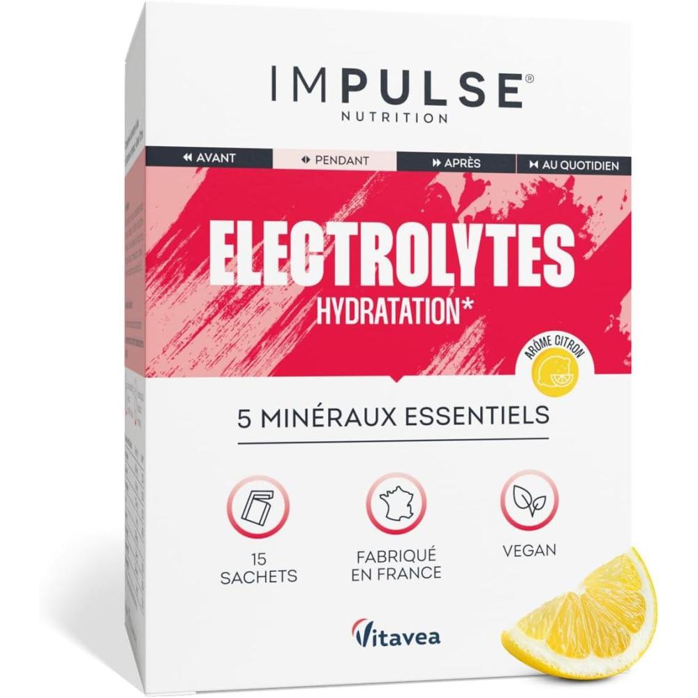 imagelectrolytes Poudre Pche Sodium Potassium Magnsium Calcium Zinc Hydratation nergie et Endurance AntiCrampes Sans dulcorants Sport 15 sachets IMPULSE NUTRITIONCitron