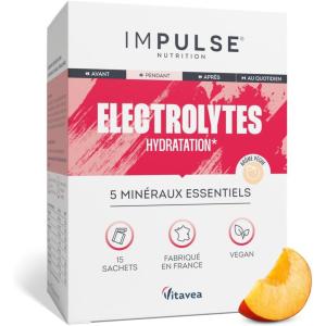 Électrolytes Poudre Pêche – Sodium, Potassium, Magnésium, Calcium, Zinc – Hydratation, Énergie et Endurance – Anti-Crampes – Sans Édulcorants – Sport – 15 sachets – IMPULSE NUTRITION(Pêche)
