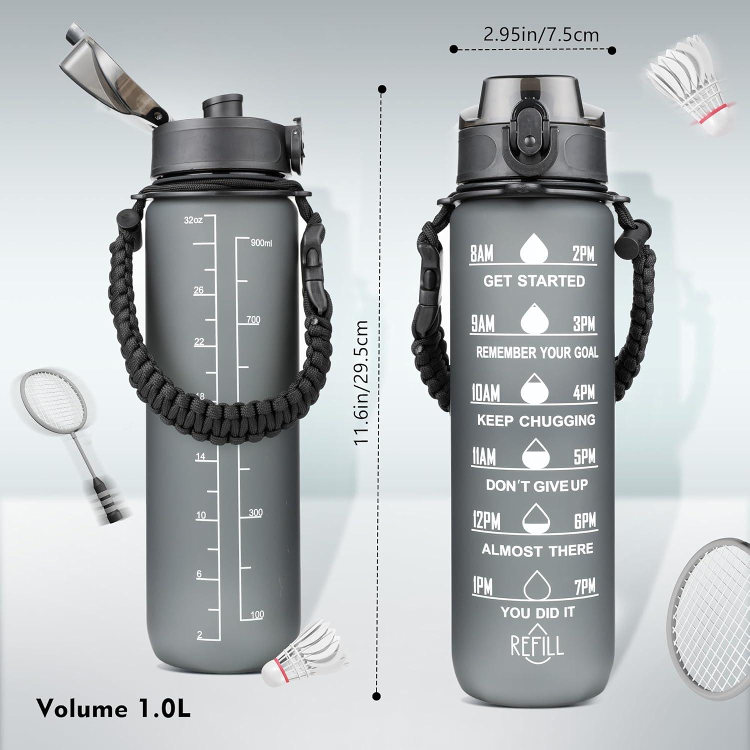 imageAiQInu Gourde Sport 1L Bouteille deau avec Marqueur de Temps et sans BPA tanche Verrouillage Scuris Poigne de Transport Tresse avec Cordon Parapluie pour la GymNoir