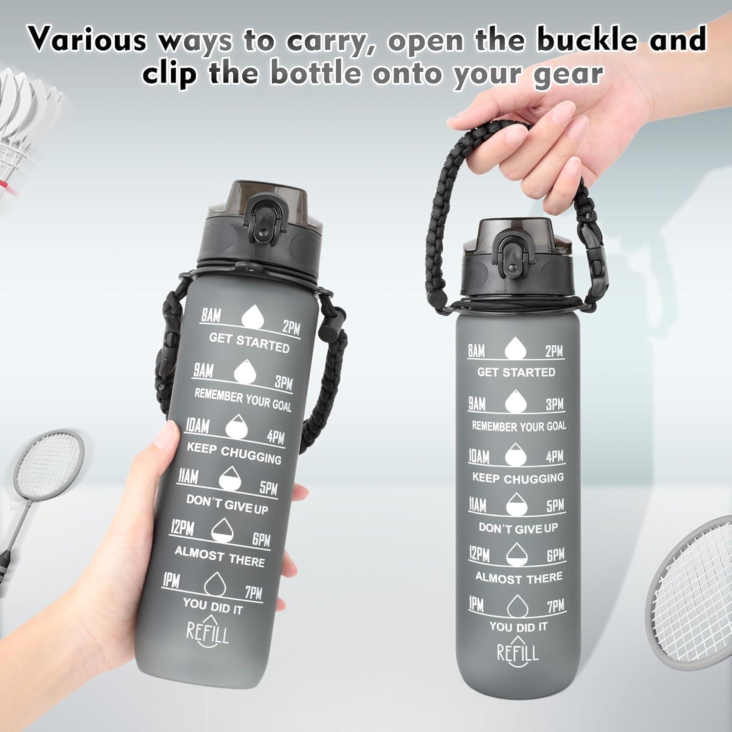 imageAiQInu Gourde Sport 1L Bouteille deau avec Marqueur de Temps et sans BPA tanche Verrouillage Scuris Poigne de Transport Tresse avec Cordon Parapluie pour la GymNoir