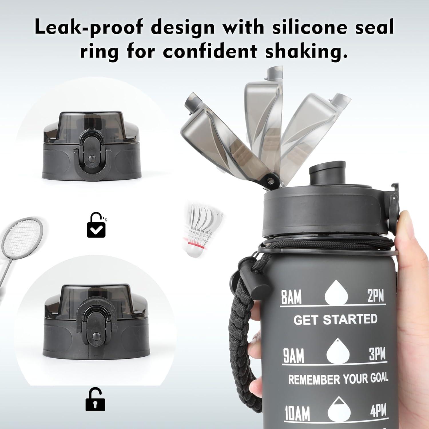 imageAiQInu Gourde Sport 1L Bouteille deau avec Marqueur de Temps et sans BPA tanche Verrouillage Scuris Poigne de Transport Tresse avec Cordon Parapluie pour la GymNoir