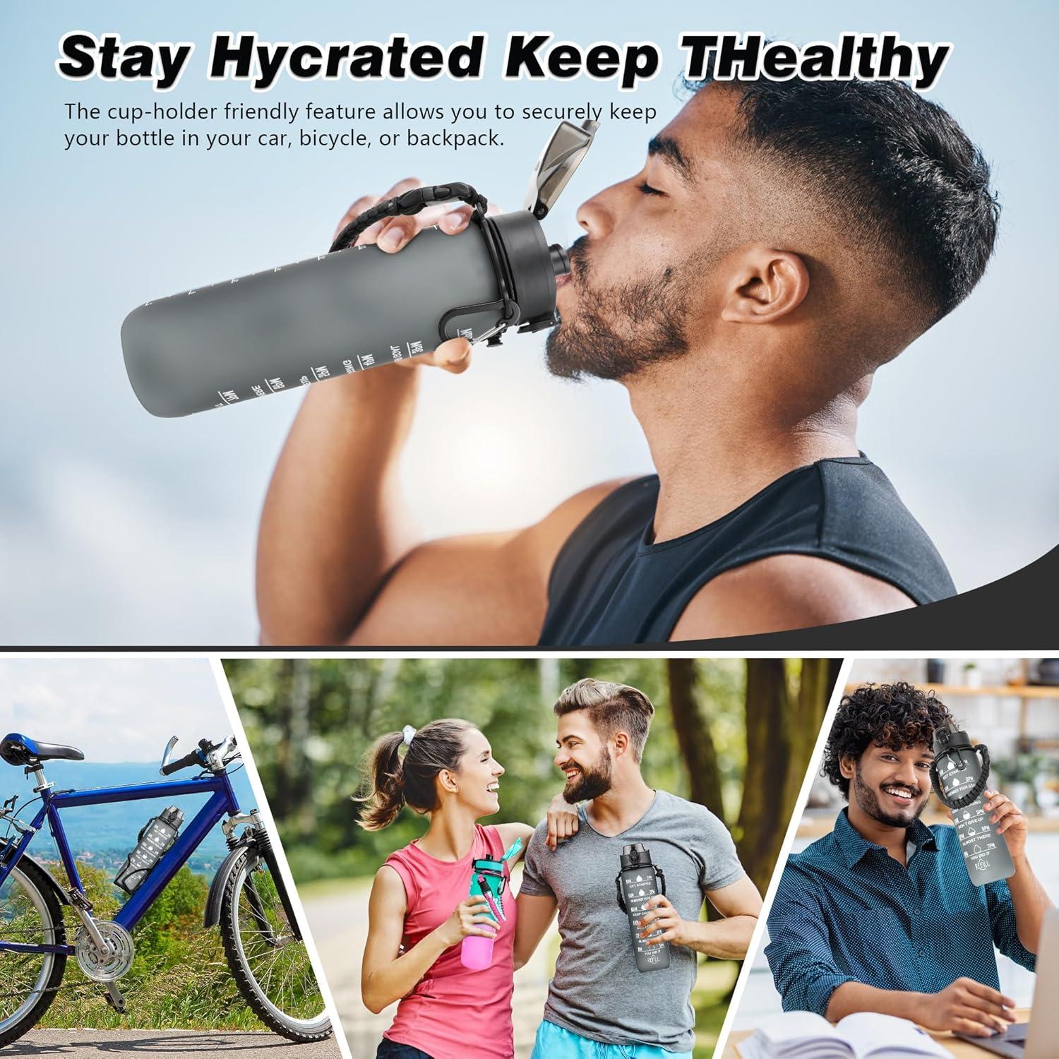 imageAiQInu Gourde Sport 1L Bouteille deau avec Marqueur de Temps et sans BPA tanche Verrouillage Scuris Poigne de Transport Tresse avec Cordon Parapluie pour la GymNoir