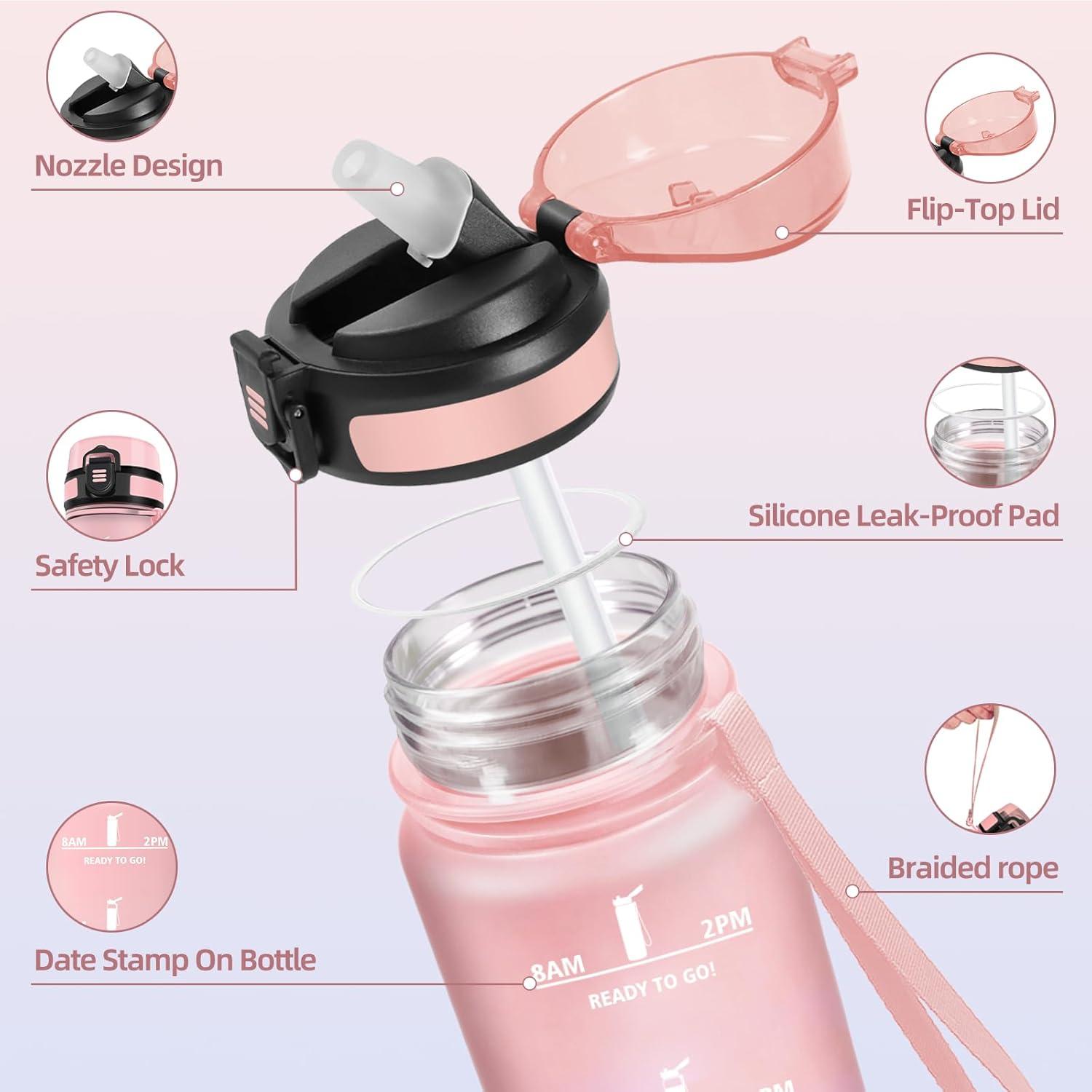 imageGourde 1000ML Gourde Paille Adulte Sans BPA Bouteille deau de Motivation avec Marqueur de Temps Bouteille Sport pour Salle de Sport Aire Libre Yoga RoseampampBleu cielRosebleu Ciel1000ml