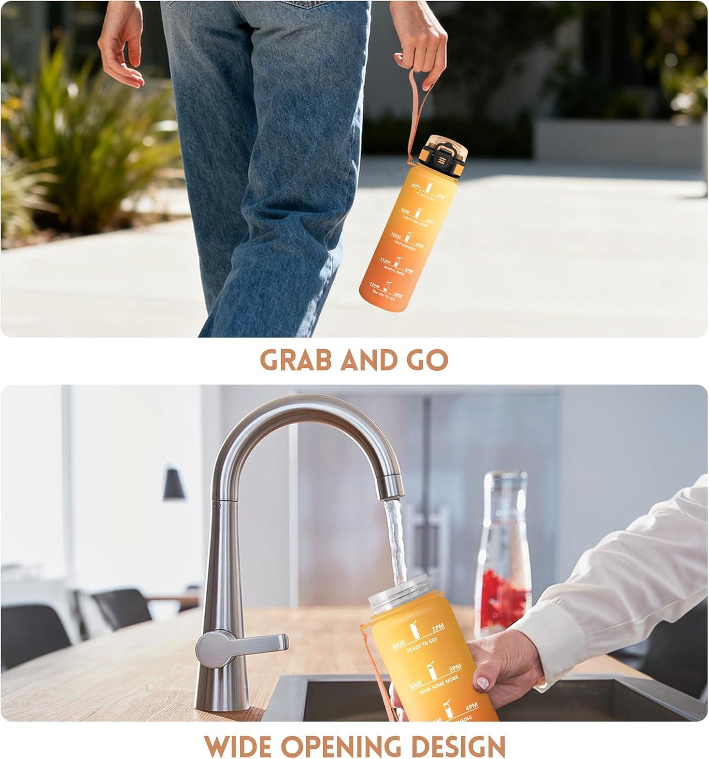 imageGourde 1000ML Gourde Paille Adulte Sans BPA Bouteille deau de Motivation avec Marqueur de Temps Bouteille Sport pour Salle de Sport Aire Libre Yoga RoseampampBleu cielJauneorange1000ml