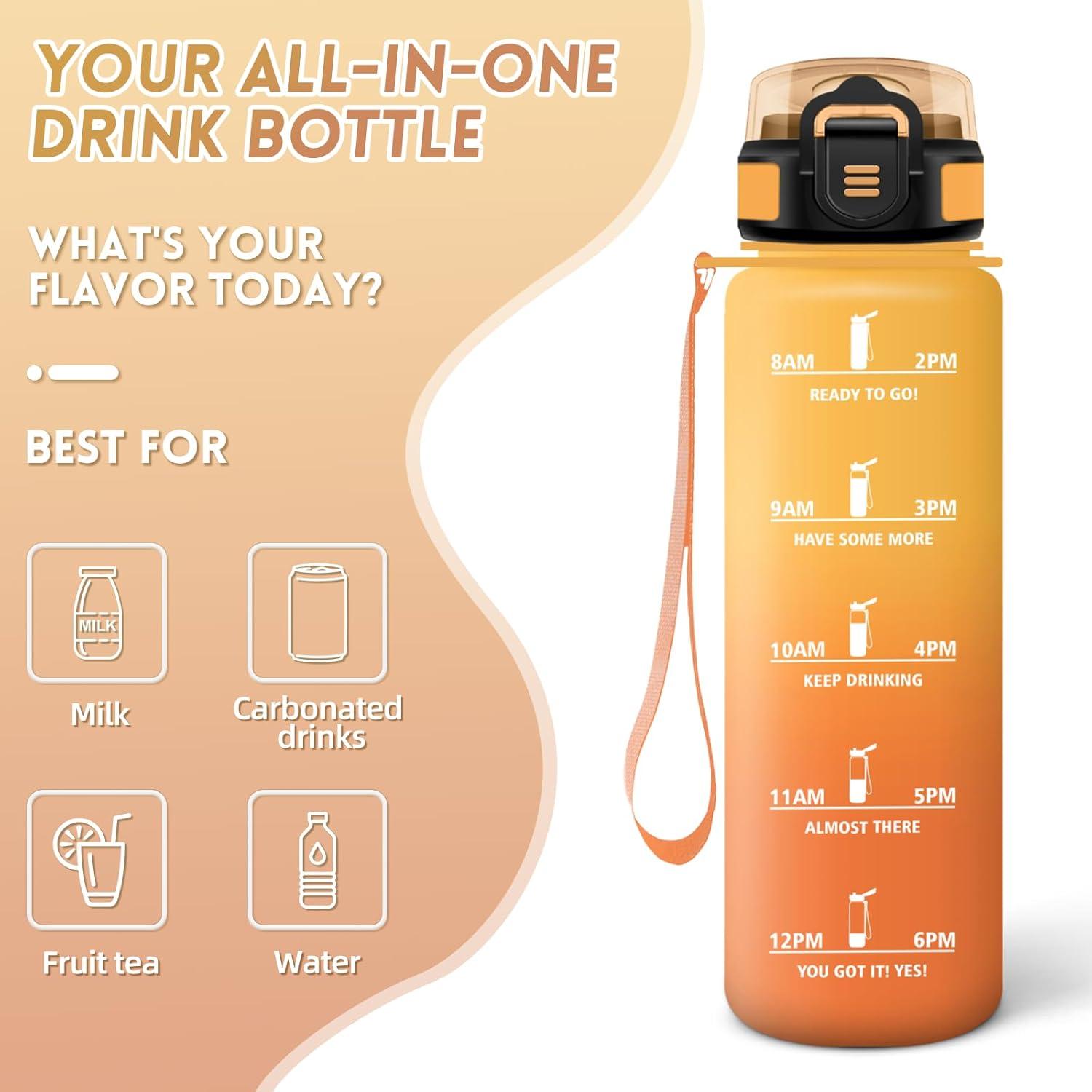 imageGourde 1000ML Gourde Paille Adulte Sans BPA Bouteille deau de Motivation avec Marqueur de Temps Bouteille Sport pour Salle de Sport Aire Libre Yoga RoseampampBleu cielJauneorange1000ml