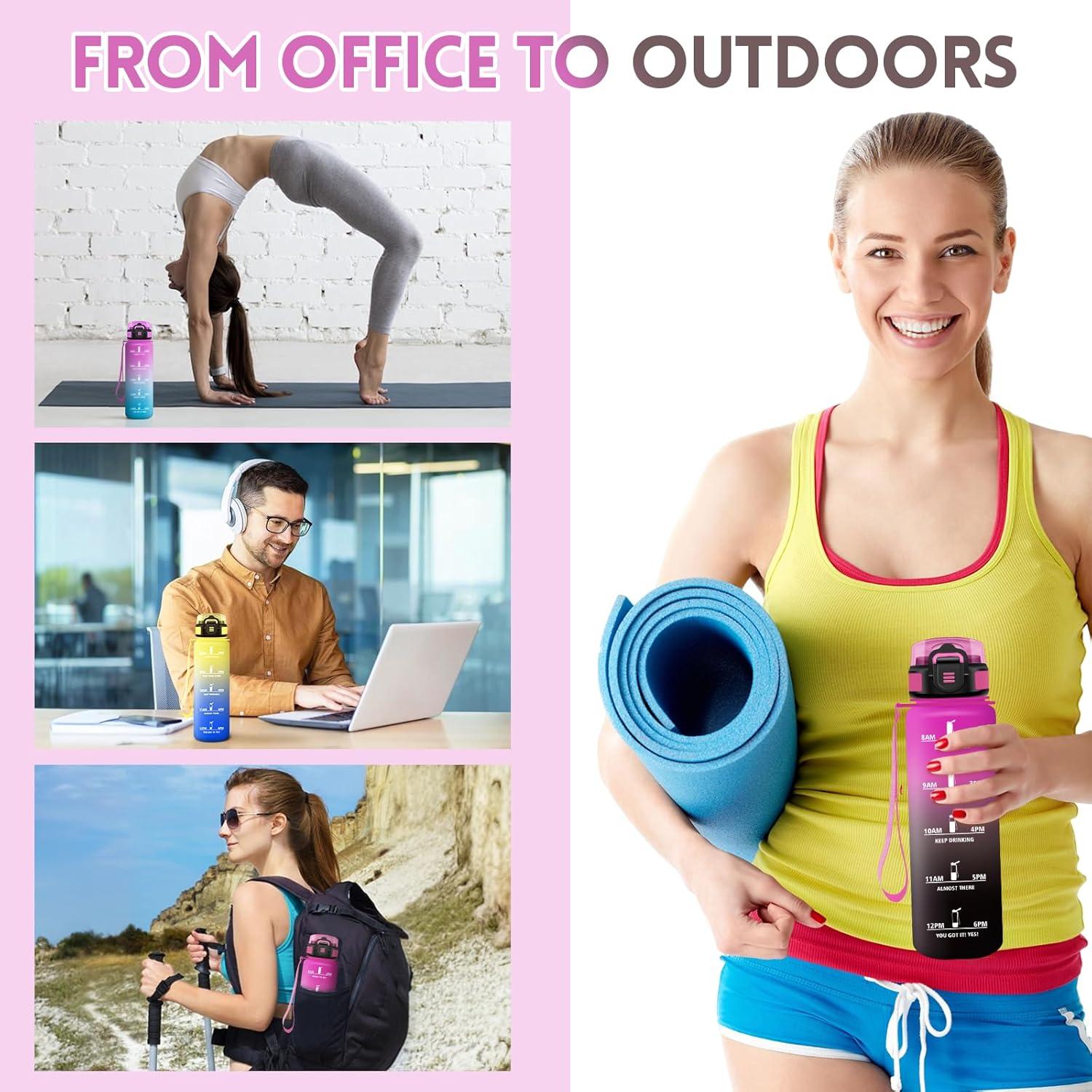 imageGourde 1000ML Gourde Paille Adulte Sans BPA Bouteille deau de Motivation avec Marqueur de Temps Bouteille Sport pour Salle de Sport Aire Libre Yoga RoseampampBleu cielPourpre Rougetrenoir1000ml