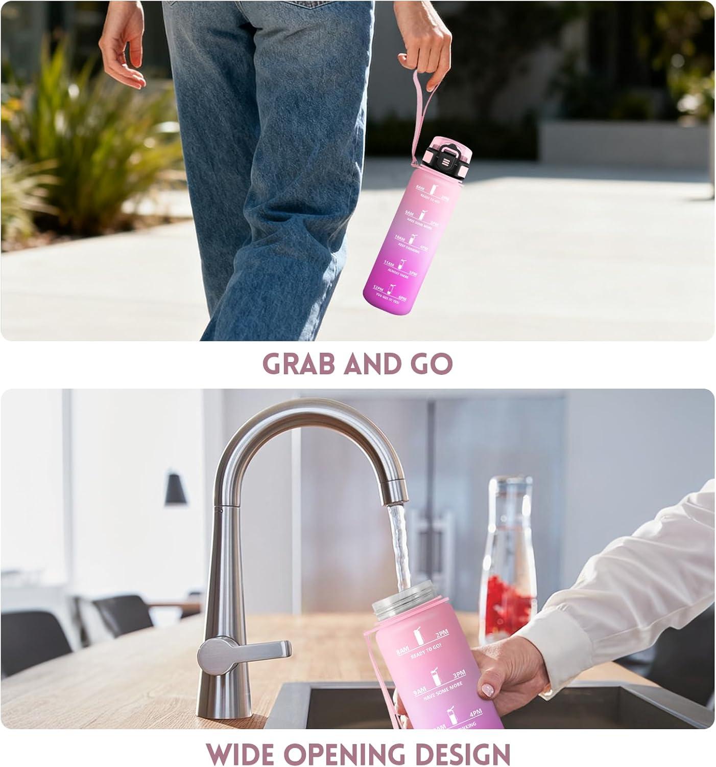 imageGourde 1000ML Gourde Paille Adulte Sans BPA Bouteille deau de Motivation avec Marqueur de Temps Bouteille Sport pour Salle de Sport Aire Libre Yoga RoseampampBleu cielRose Clairros1000ml